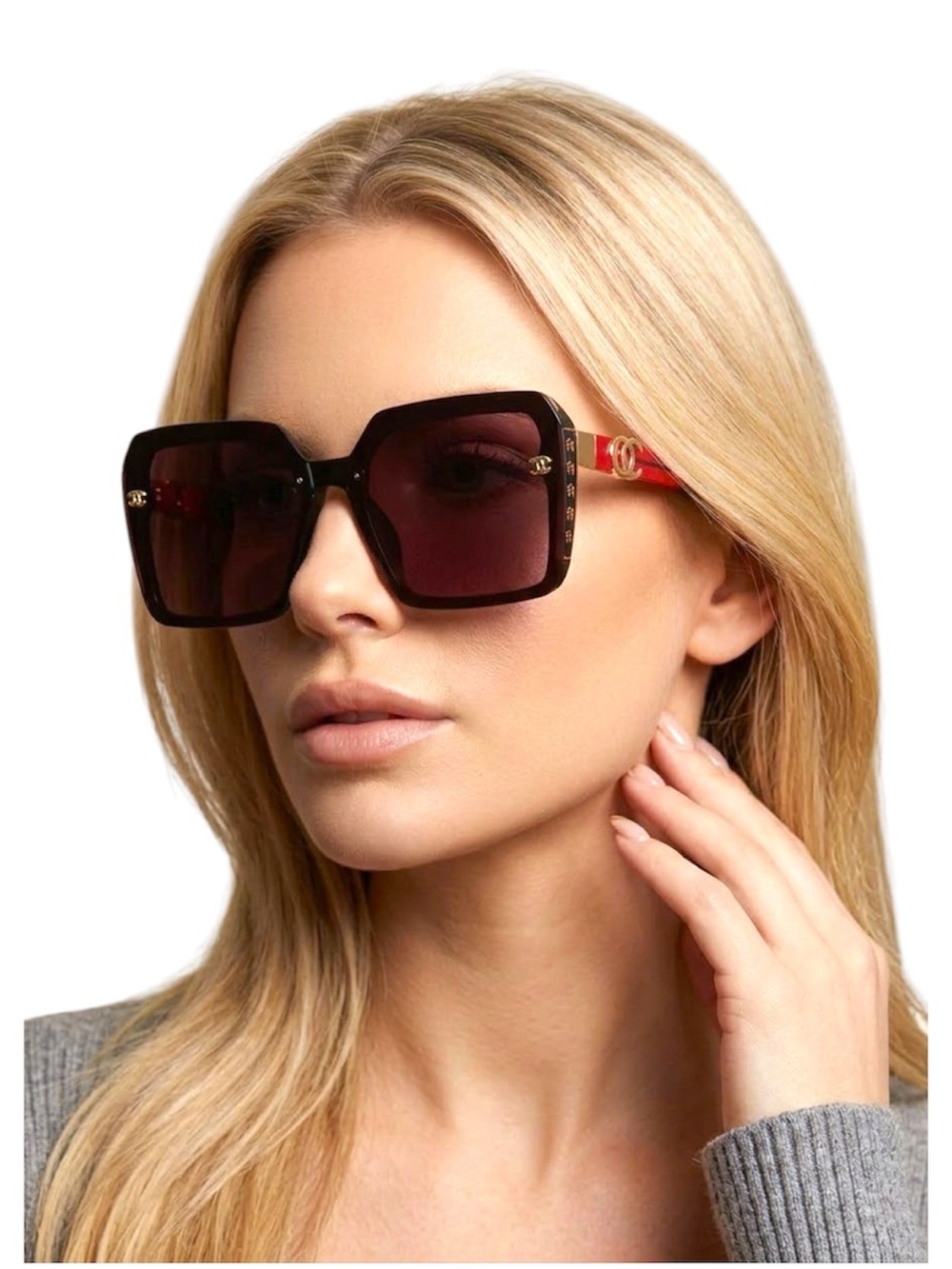 Oversized Square Gradient Sunglasses - Black with Red Temples